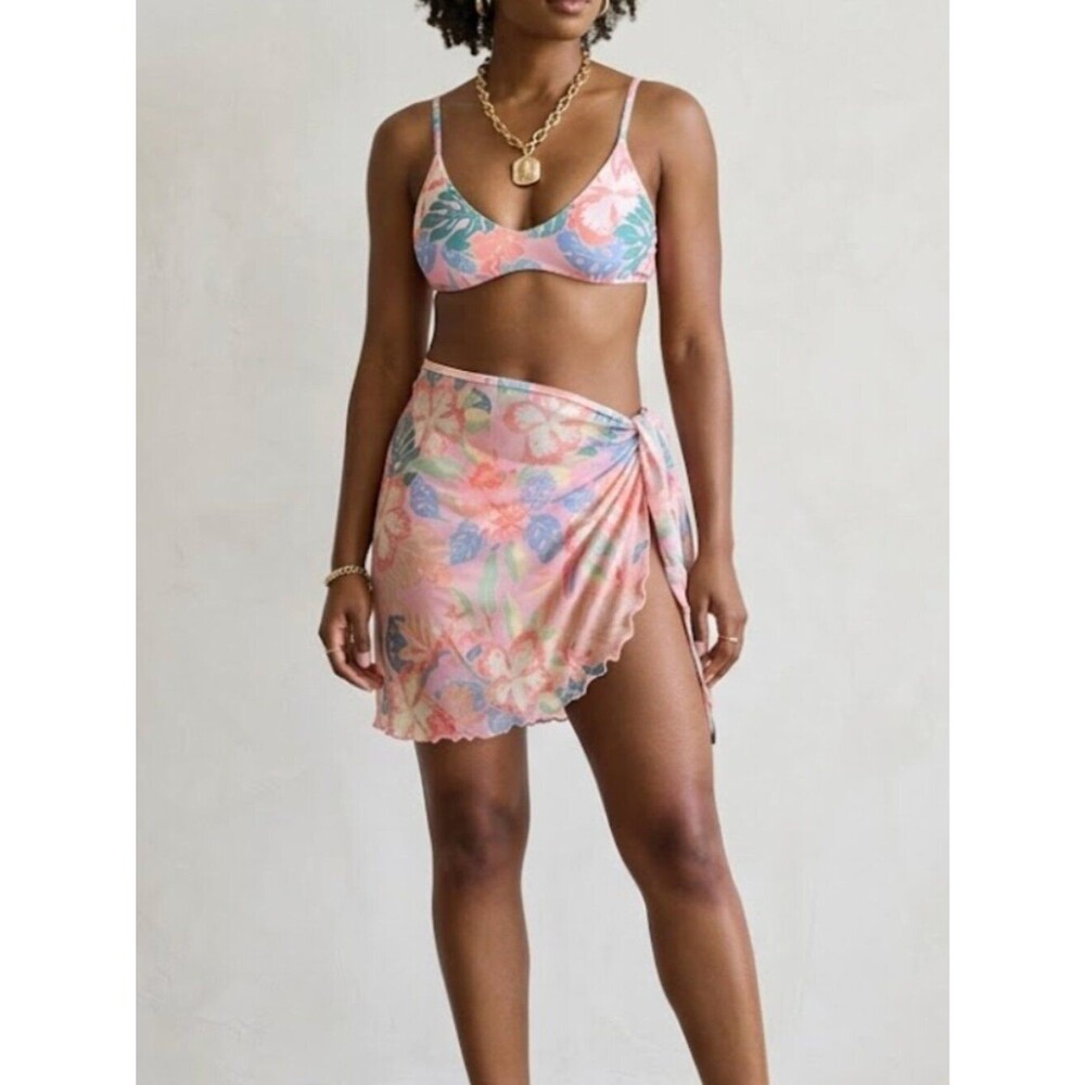 NWOT Jessica Simpson Tropical Floral Bikini Bottom & Mesh Sarong Skirt Bundle L